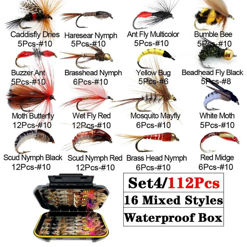 AquaFly Fishing Flies Collection 32-112Pcs Flies Dry Wet Nymph Streamers