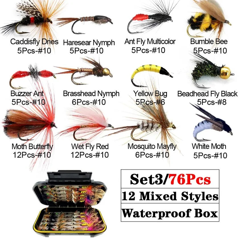 AquaFly Fishing Flies Collection 32-112Pcs Flies Dry Wet Nymph Streamers